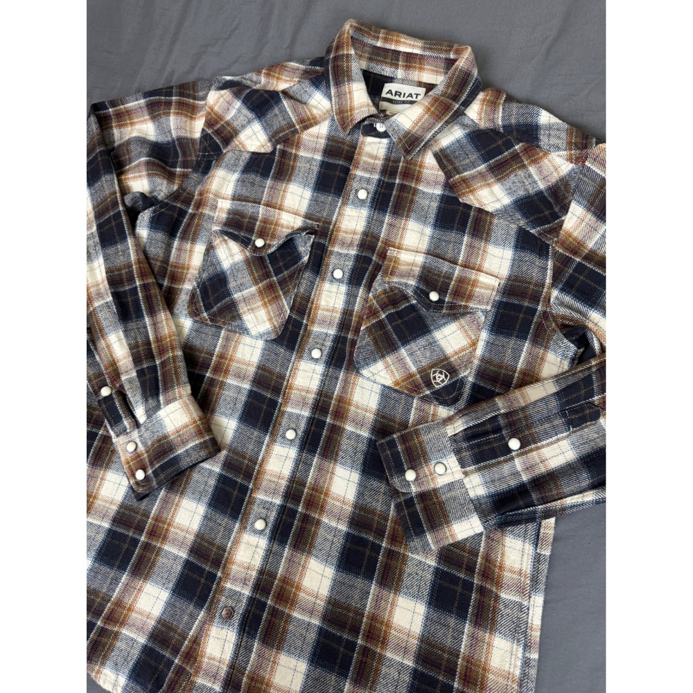 Ariat Harford Retro Snap LS Shirt Mens Medium Brown Navy Plaid‎ Western 10053877